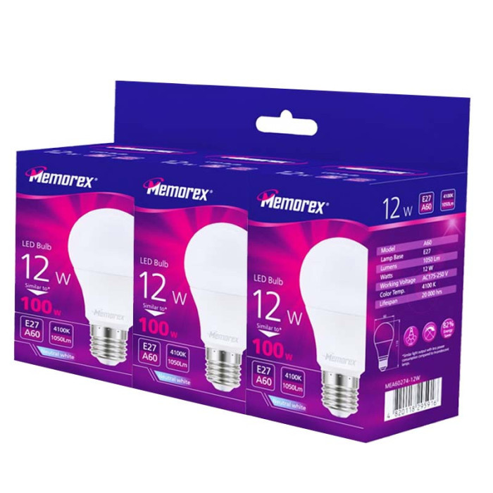 Комплект ламп 3шт. LED Memorex A60 12W E27 4100K 220V (MEA60274-12W)