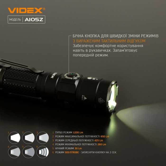 Портативный светодиодный фонарик A105Z VIDEX 1200 лм 5000K