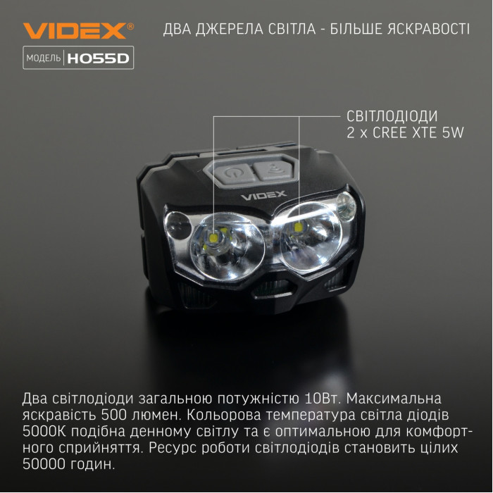 Налобний світлодіодний ліхтарик VIDEX VLF-H055D 500 лм 5000K