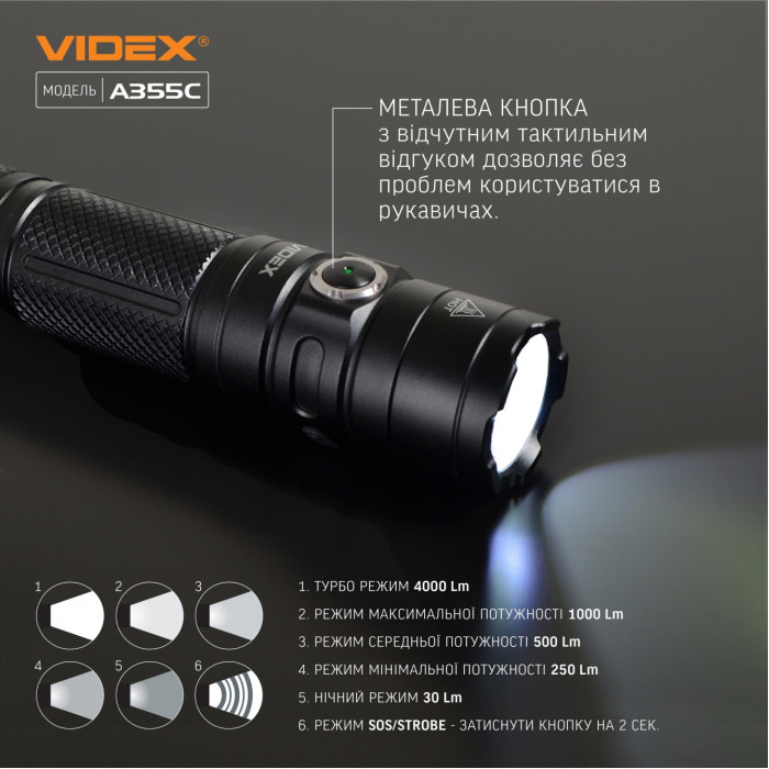 Портативный светодиодный фонарик VIDEX VLF-A355C 3500 лм 5000K