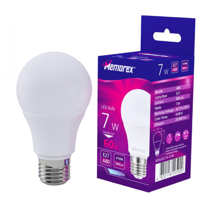 Лампа LED Memorex A60 7W E27 4100K 220V (MEA60274-07W)