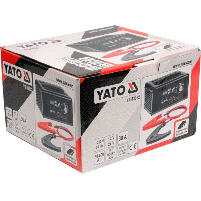 Пуско-зарядное устройство YATO аккумулятор 12/24В, 50-600 А-ч, 230 В, 10/30А (12В), 7.5/15А (24В) (YT-83052)
