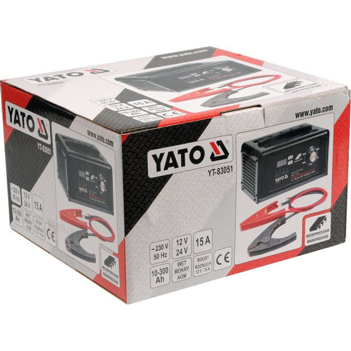Пуско-зарядное устройство YATO аккумулятор 12/24 В, 10-300 А*ч, V= 230 В, 2/8/15 А (12 В), 7.5 А (24 В) (YT-83051)