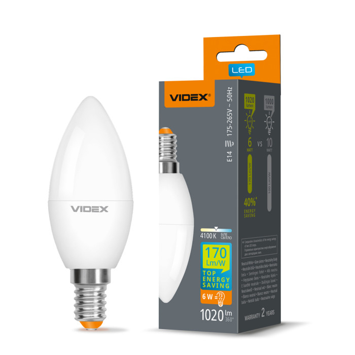 Лампа LED VIDEX високоефективна C37h 6W E14 4100K 220V VL-C37h-06144/28599