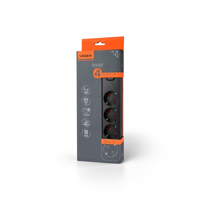 Мережевий подовжувач VIDEX ONCORD з/з 4п 3м (3x1.5мм) з кнопкою Black