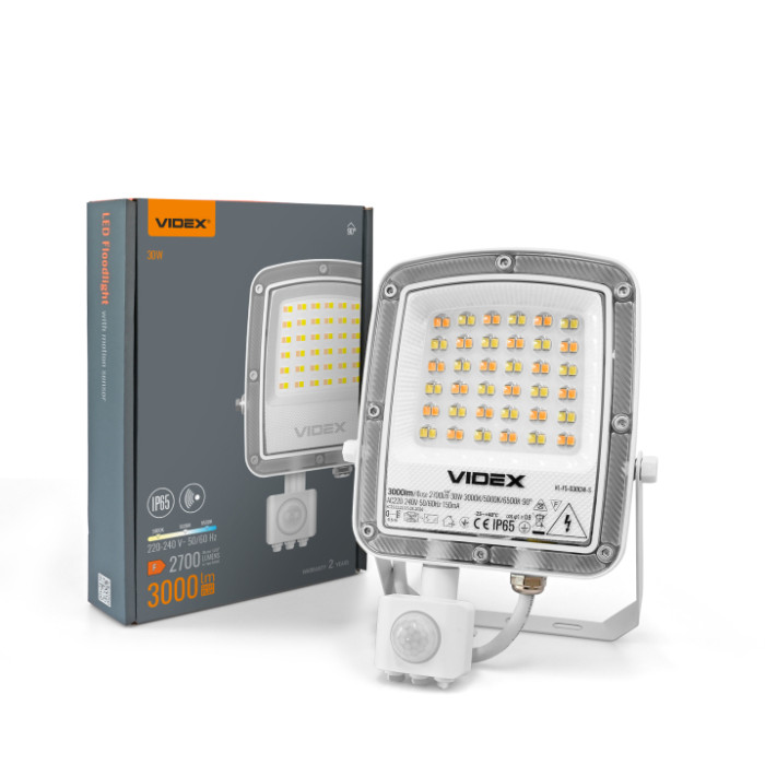 LED прожектор VIDEX F5 30W 3000-5000-6500K з датчиком руху 230V White (VL-F5-030CW-S)