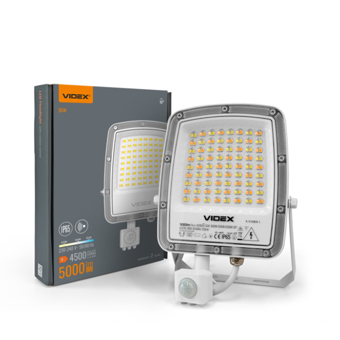 LED прожектор VIDEX F5 50W 3000-5000-6500K з датчиком руху 230V White (VL-F5-050CW-S)
