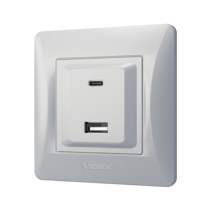 Розетка USB-A + USB-C PD20W срібний шовк VIDEX BINERA