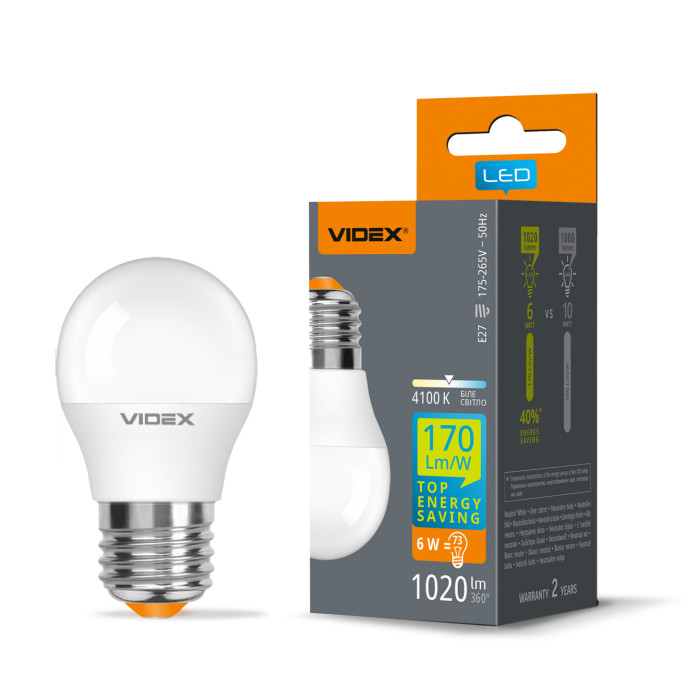 Лампа LED VIDEX високоефективна G45h 6W E27 4100K 220V VL-G45h-06274/28600