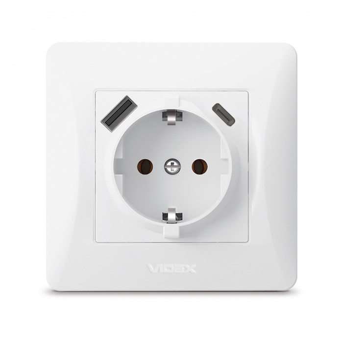 Розетка одинарна із заземленням з USB+USB-C біла VIDEX BINERA