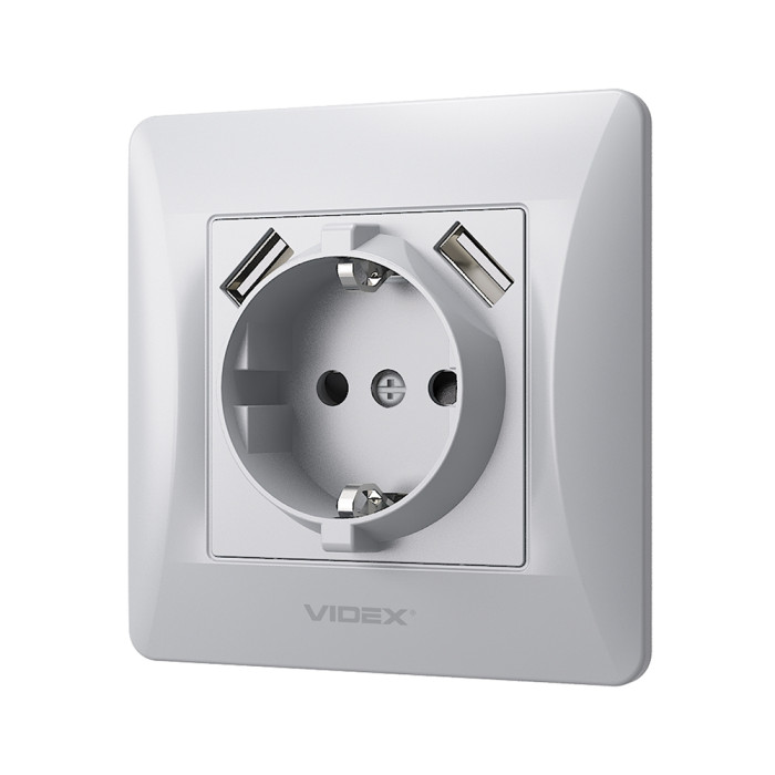 Розетка одинарна із заземленням та 2USB срібний шовк VIDEX BINERA