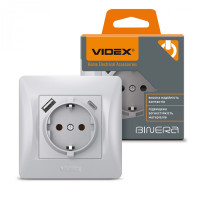 Розетка одинарна із заземленням з USB+USB-C срібний шовк VIDEX BINERA