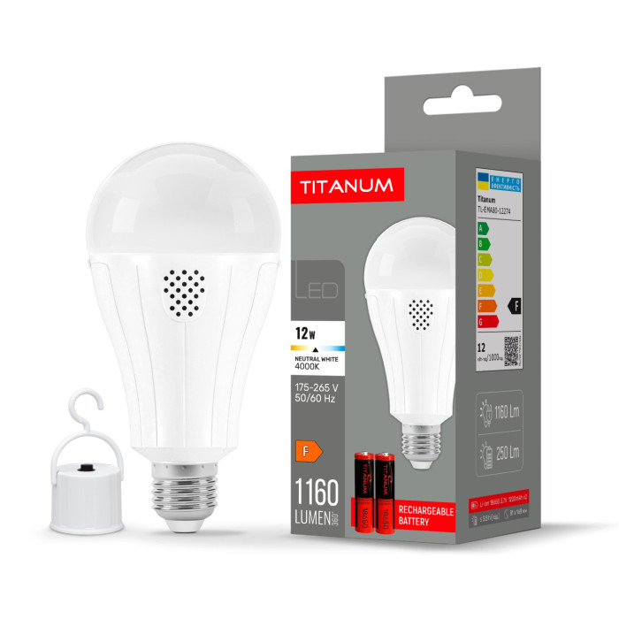 LED лампа акумуляторна TITANUM A80 12W E27 4000K 230V