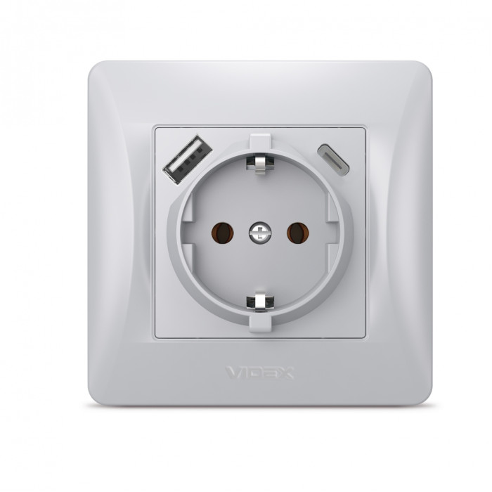 Розетка одинарна із заземленням з USB+USB-C срібний шовк VIDEX BINERA