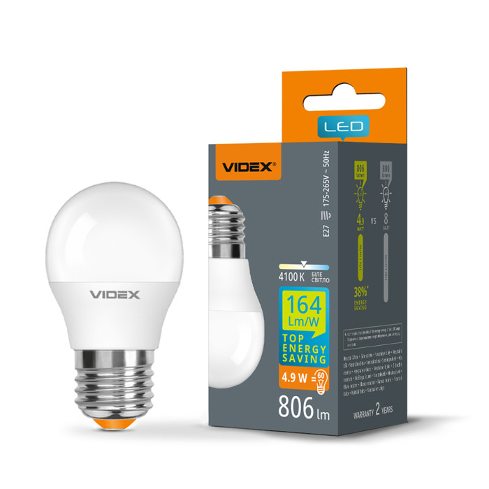 Лампа LED VIDEX високоефективна G45h 4.9W E27 4100K 220V/28408