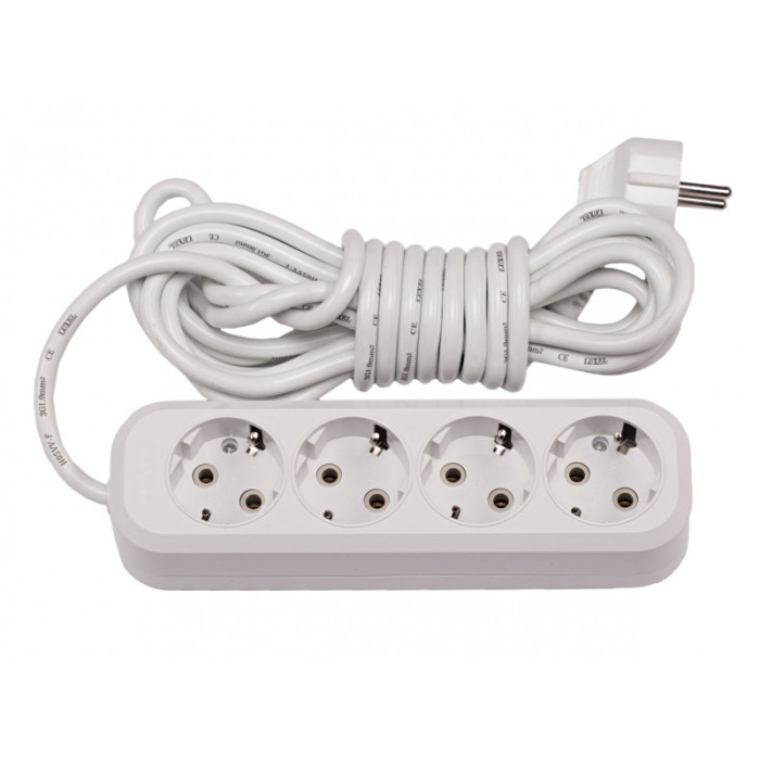 Удлинитель с заземлением Luxel Выключатель 5 м, 4 розетки, белый (7102)