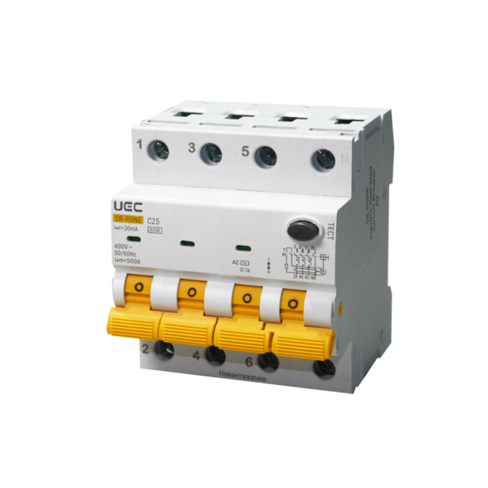 Автомат диференційного захисту SB-R9NE 4P C 25A 30мА тип AC 6кА UEC