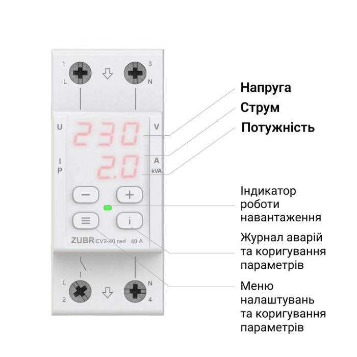 Реле напряжения с контролем тока ZUBR CV2-63 red
