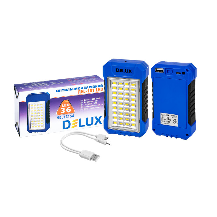 Аварийный светильник с аккумулятором DELUX REL-101 USB 4W 220lm 6500K 36LED