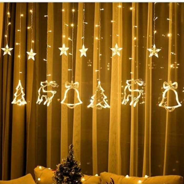 Гірлянда штора Зірки, ялинки, олені, дзвіночки (12 фігурок) 120 Led, 3*1 м, золото, з перехідником XR-9 G