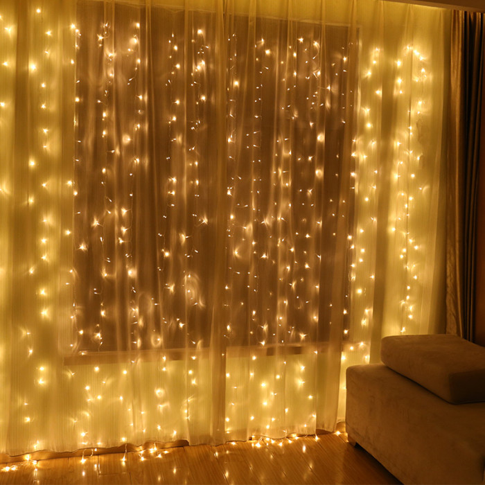 Гірлянда штора 280 LED, 3*2 м, статич. режим, прозорий шнур, золоте світло, з перехідником RV-30 3*2 G