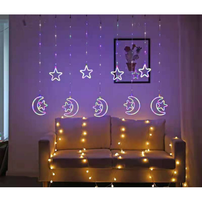 Гирлянда-штора Светодиодная Уличная звезда + луна + звезда, гибкий шнур, 3*1.5 м, белый свет, переходник