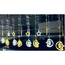 Гирлянда-штора Светодиодная Уличная звезда + луна + звезда, гибкий шнур, 3*1.5 м, белый свет, переходник