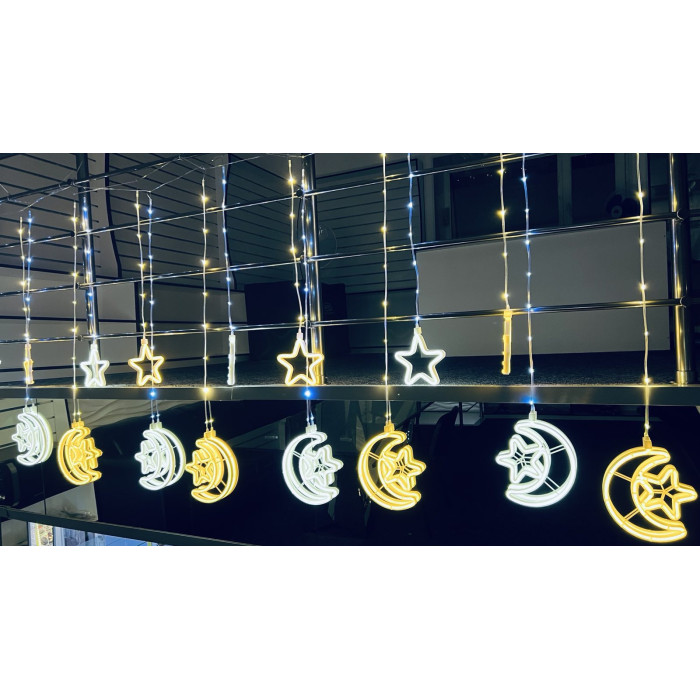 Гирлянда-штора Светодиодная Уличная звезда + луна + звезда, гибкий шнур, 3*1.5 м, белый свет, переходник