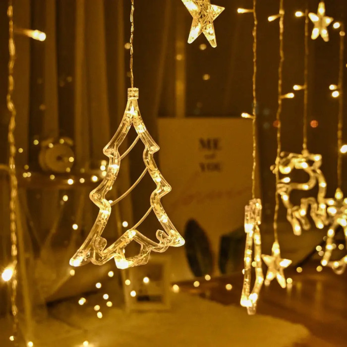 Гірлянда штора Зірки, ялинки, олені, дзвіночки (12 фігурок) 120 Led, 3*1 м, золото, з перехідником XR-9 G