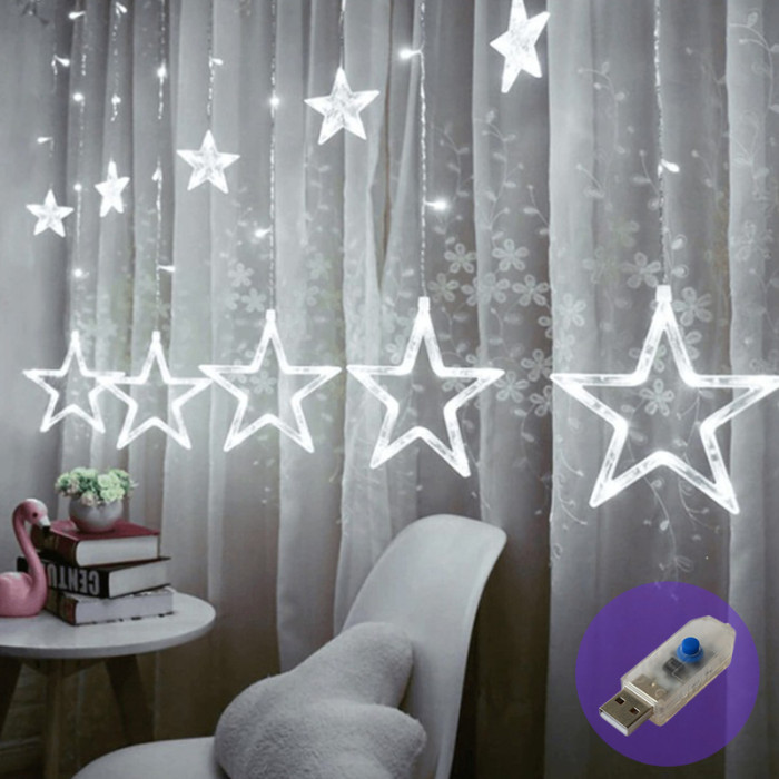 Гірлянда штора ЗІРКИ,120 L, 3*1 м,з USB+батарейка,біла,8 режимів мерехтіння ZABI-7 USB