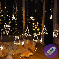 Гірлянда штора Зірки, ялинки, олені, дзвіночки (12 фігурок) 120 Led, 3*1 м, золото, USB+батарейка XR-9 G USB