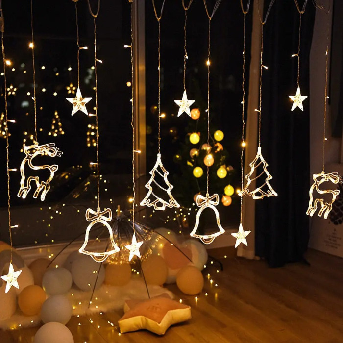 Гірлянда штора Зірки, ялинки, олені, дзвіночки (12 фігурок) 120 Led, 3*1 м, золото, USB+батарейка XR-9 G USB