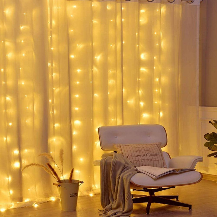 Гирлянда лески штора (лучи росы), 3*2 м, на батарейке с USВ, с пультом, 300 LED золото ZABI-12 G R