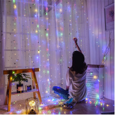 Гірлянда волосінь штора (Промені роси) 3*2 м, USB+батарейка, з пультом, 300 LED мульти ZABI-12 M R