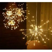 Светодиодная гирлянда на медной проволоке штора фейерверк, 5 пучков, золото, 5 м, с перек ZB-013-5 G USB + батарейка