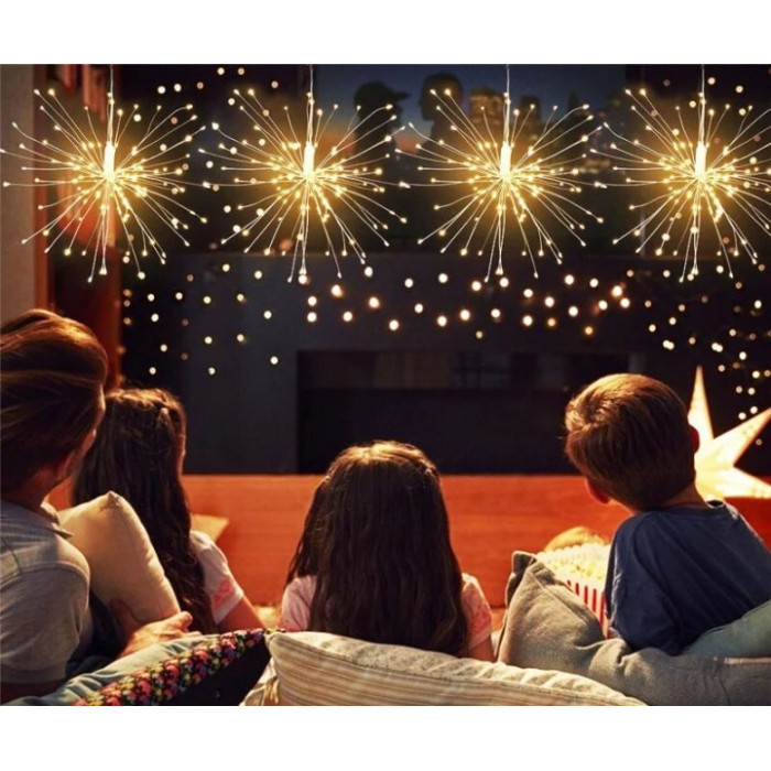 Светодиодная гирлянда на медной проволоке штора фейерверк, 5 пучков, золото, 5 м, с перек ZB-013-5 G USB + батарейка