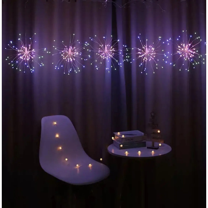 Светодиодная гирлянда на медной проволоке штора фейерверк, 5 пучков, на USB+батарейке, мульти цвет ZB-013-5 M USB