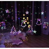 Гірлянда штора зірки,ялинки,олені,дзвіночки (12 фігурок) 3*1 м, USB+батарейка, мульти XR-9 M USB R