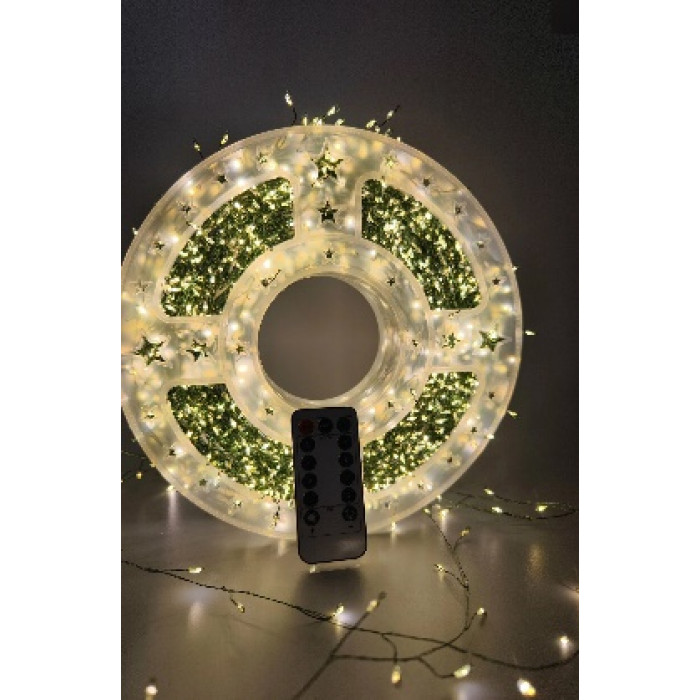 Гірлянда роса мішура 10 м 300 Led +USB з пультом (зелена волосінь) теплий колір(330)