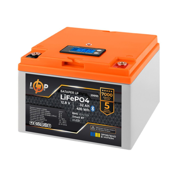 Аккумулятор LP LiFePO4 12,8V - 32 Ah (410Wh) (BMS 40А/32A) пластик LCD Smart BT