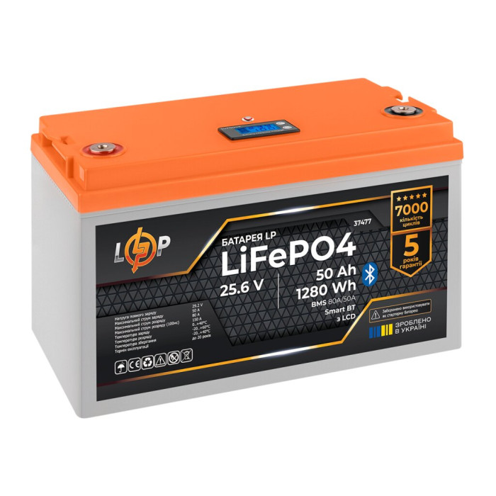 Аккумулятор LP LiFePO4 25,6V - 50 Ah (1280Wh) (BMS 80A/50А) пластик LCD Smart BT