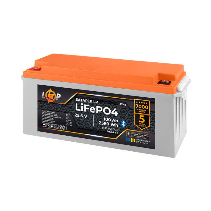 Аккумулятор LP LiFePO4 25,6V - 100 Ah (2560Wh) (BMS 80А/50А) пластик Smart BT
