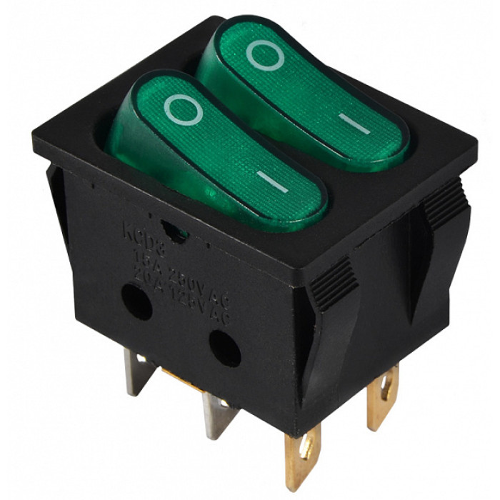 Перемикач 2 клав. зелений з підсвічуванням KCD2-5-2101N GR/B 220V АСКО-УКРЕМ